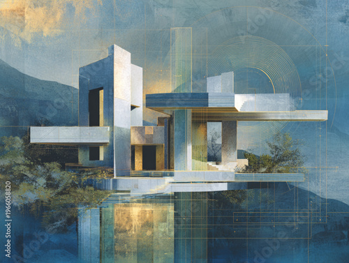 Modern Abstract House Floating Above Water With Geometric Lines And Mountain Background For Architectural Concepts