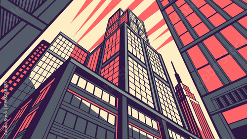 A vibrant cityscape illustration featuring a group of modern skyscrapers in a dynamic, graphic design style.