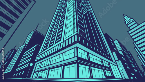 A modern cityscape illustration featuring a tall skyscraper with a blue and dark blue color scheme