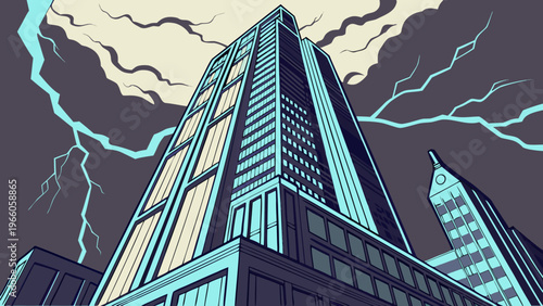 A dramatic vector illustration of a skyscraper during a thunderstorm with lightning bolts illuminating the dark sky