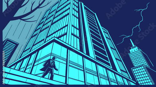 A minimalist vector illustration of a businessman walking on a high-rise building's ledge at night during a storm