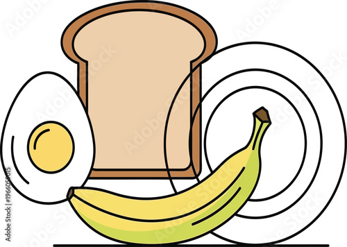 Whimsical illustration of a mug with a banana and egg balancing on its rim Vector