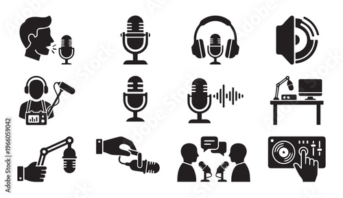 Podcast and radio broadcasting audio equipment black silhouette icon set graphic