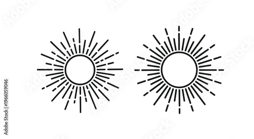 Two radiating sunbursts simple black linear designs on a white background