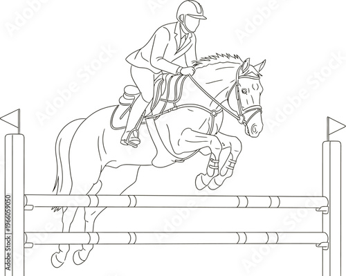 Equestrian athlete clearing a jump during a show jumping competition Vector