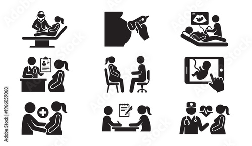 Pregnancy healthcare and prenatal medical ultrasound consultation icon collectio
