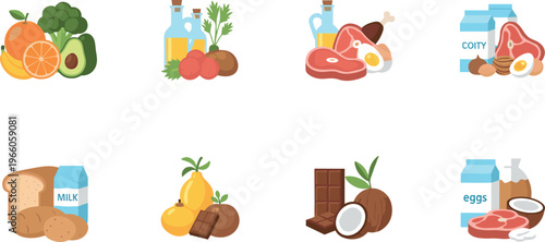Healthy Food Icon Set Featuring Fruits, Vegetables, Meat, Dairy, and Snacks for Nutrition, Organic, and Grocery Themes