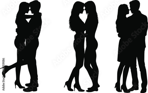 Beautiful romantic couple silhouette collection featuring diverse men and women hugging and embracing with intimate love for Valentine's Day and relationship themed graphic design.