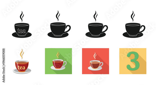 Collection of stylized tea cup icons with varying designs and backgrounds