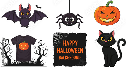 Halloween Themed Icons Collection with Pumpkin, Bat, Spider, Cat, T-shirt, and Spooky Tree for Holiday Designs