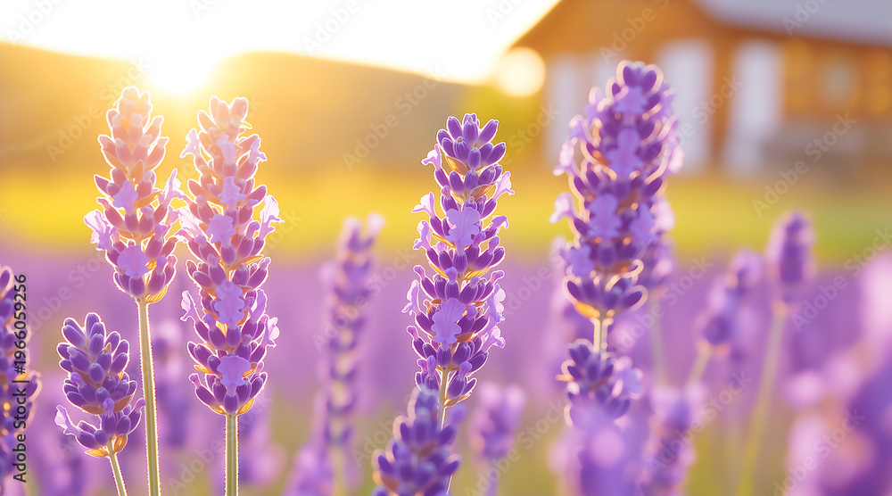 Fototapeta premium Purple lavender flowers blooming in a field at sunset. Backlit flora with blurred wooden house in background