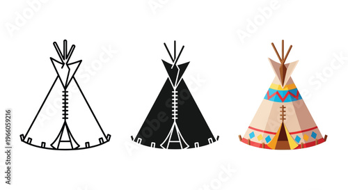 Three depictions of a teepee outline solid and colorful versions