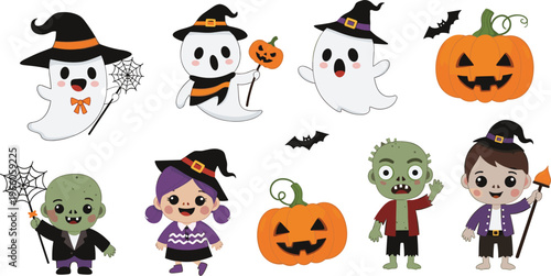 Halloween Characters Collection with Ghosts, Pumpkins, Zombies, Witches, and Cute Kids for Holiday Decorations