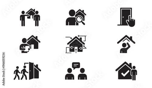 Real estate property home inspection and house hunting black icon set graphic