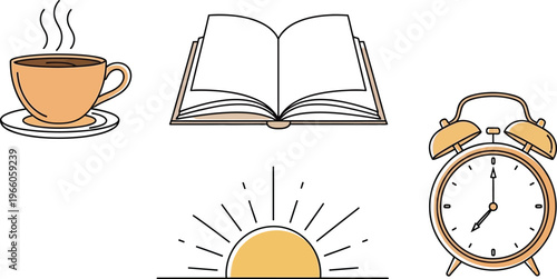 Morning routine illustrated with coffee, reading, sunrise, and alarm clock icons Vector