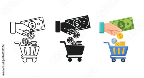 Illustrations of money falling into a shopping cart in multiple styles