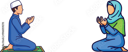 Muslim man and woman praying together on prayer mats, isolated, the illustration