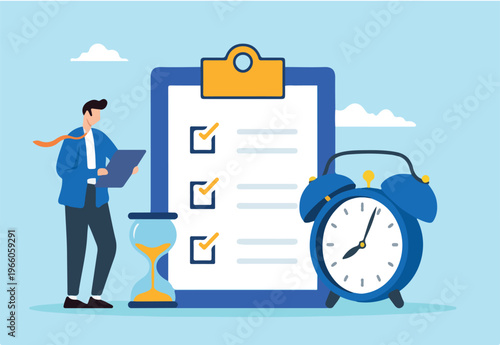 Flat illustration of businessman check deadline checklist with alarm clock and hourglass to do list time management effective business planning