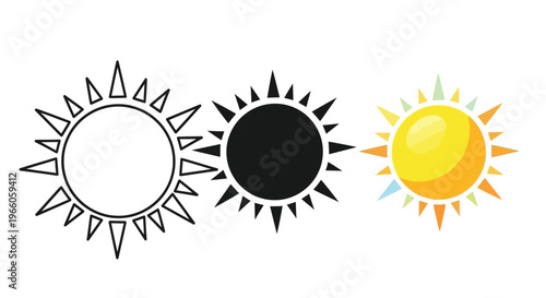 Three stylized sun icons outline solid and colored variations