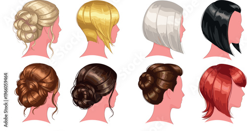 Hairstyle Icon Set Featuring Various Hair Colors and Updo Styles for Beauty, Fashion, and Personal Care Themes