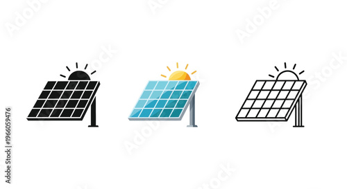 Three solar panel icons in varying styles silhouette color and outline