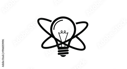 An idea emerges lightbulb with orbiting lines a bold silhouette