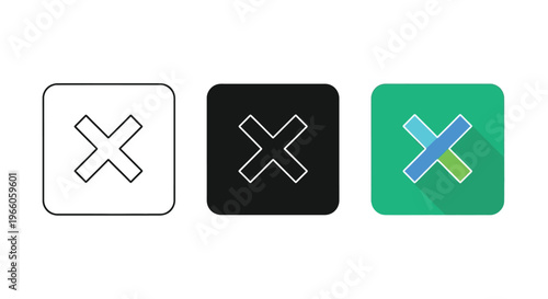 Three variations of an x symbol within square frames in different colors