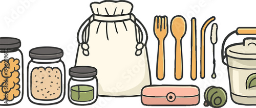 Colorful hand-drawn illustration of zero waste kitchen utensils and ec