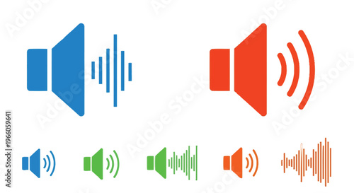 Colorful speaker icons with varying sound wave visualizations