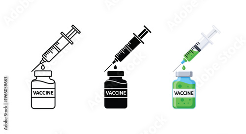 Three depictions of a vaccine syringe and vial in varying styles