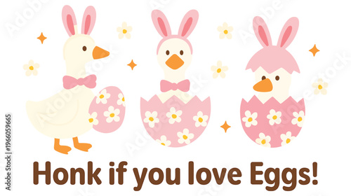 Funny easter geese wearing bunny ears and hatching from decorated pink egg shells