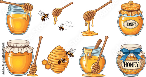 Honey Jar and Bee Icon Set Featuring Dripping Honey, Honeycomb, and Sweet Designs for Food, Natural, and Organic Themes