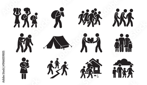 Refugee crisis and migration displacement pictogram icon collection