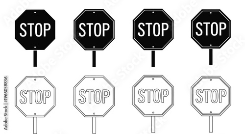 Four variations of a traditional stop sign both filled and outlined