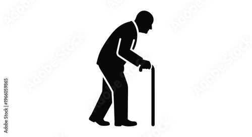 Elderly man with a cane walking a striking black shape silhouette