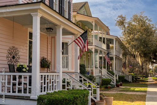 traditional southern homes and live oaks with Spanish moss in historic Beaufort