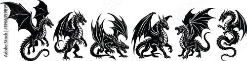 Dragon silhouette icon set featuring fantasy creatures wings fire mythical beasts vector collection dark medieval modern design elements