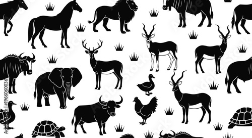 Black silhouette vector illustration of diverse animals including horses, lions, elephants, buffaloes, ducks, and tortoises arranged in scattered wildlife pattern design artwork