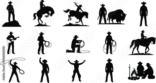 Black silhouette vector illustration of cowboys in dynamic poses, riding horses, playing guitar, lassoing, and campfire scenes, symbolizing Western culture and frontier artwork