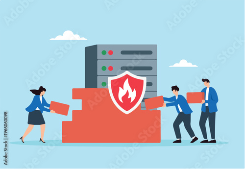 Flat illustration of people building firewall brick wall to secure server and prevent hacking and data breaches
