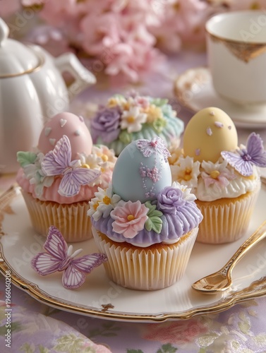 Colorful Cupcakes With Flower and Butterfly Designs on a Decorative Plate at ...