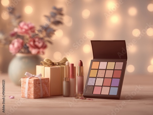 Beauty Products Arranged on a Wooden Table With Flowers and Gifts in a Soft Light Setting