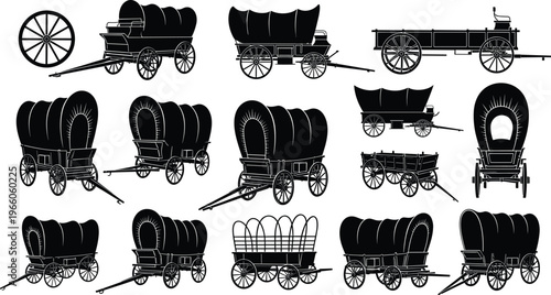 Black silhouette vector illustration of historic covered wagons, carts, and wooden wheels, showcasing diverse pioneer transportation designs for vintage artwork and cultural graphics