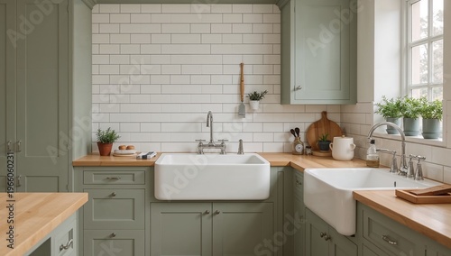 Sophisticated Sage Green Kitchen with Farmhouse Sink and Subway Tiles AI Generative