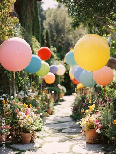 Colorful Balloon Decorations Surround a Floral Arrangement in an Outdoor Sett...
