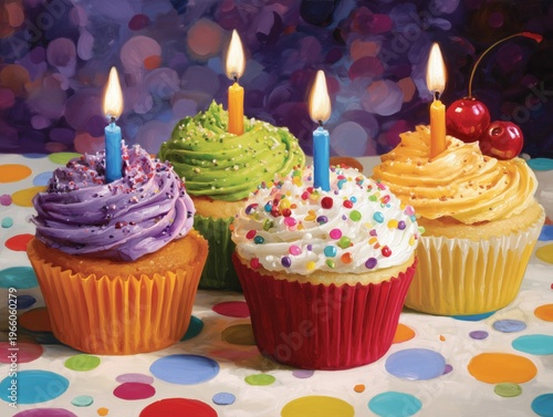 Colorful Cupcakes With Candles at a Birthday Party Celebration