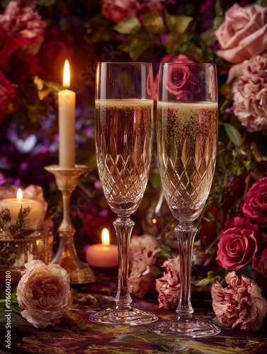 Champagne Glasses With Candles and Flowers for a Special Evening Celebration