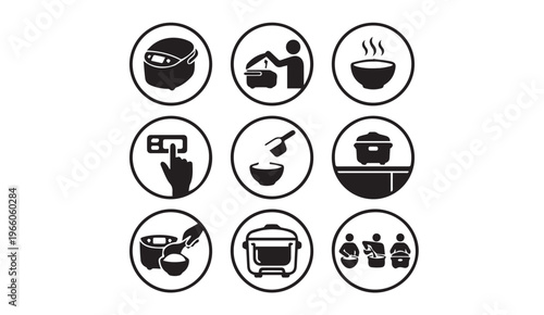 Rice cooker preparation instruction icons with steam bowl and washing steps