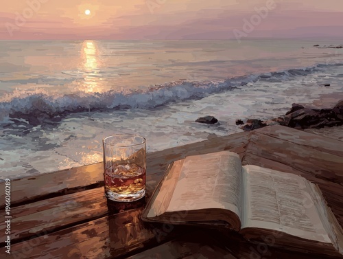 Enjoying a Drink and Reading a Book by the Ocean at Sunset