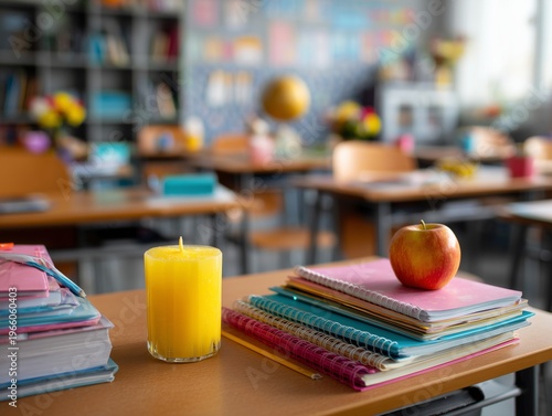 Bright Classroom With Colorful Supplies and Fresh Apple on Desk During School...